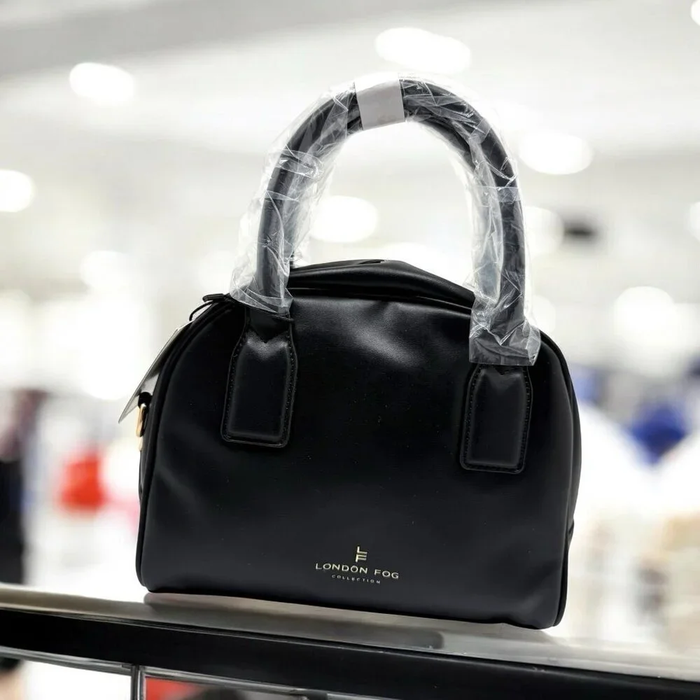 London Fog Doctor Bag Mini Smooth PU Satchel Black Crossbody Top Handle Bag NWT